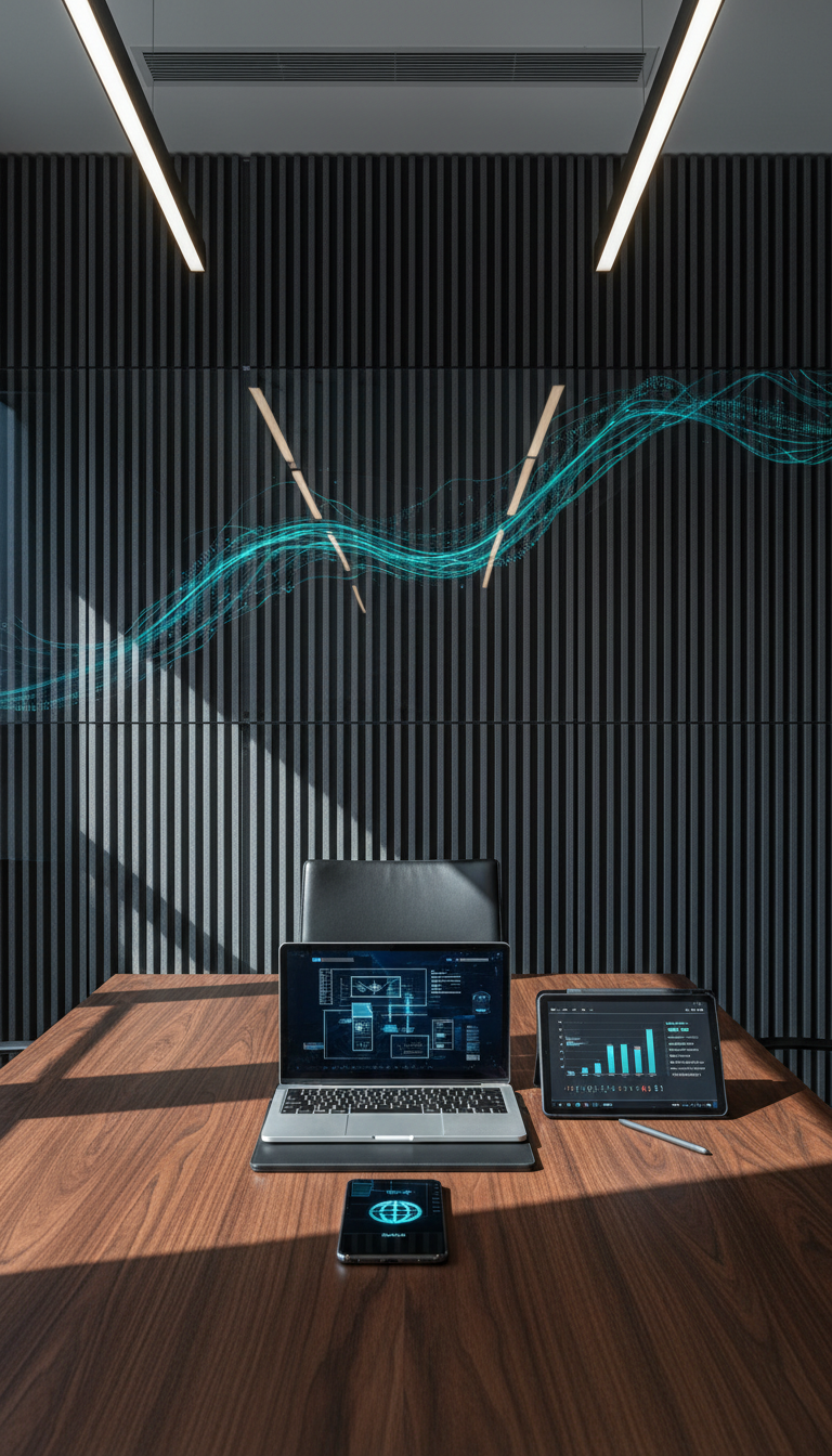 A neatly arranged set of digital devices—including a slim silver laptop, a graphite tablet with a stylus, and a crisp glass smartphone—laid atop a dark walnut conference table. The table is positioned in front of a minimalist backdrop of vertical grey acoustic panels and a large, abstract digital display partially visible in the background. Soft, natural daylight enters from one side, supplemented by discreet overhead LED lighting, which creates subtle highlights and trails gentle shadows across the table’s surface. The image is captured in a centered, top-down composition, providing a clear, uncluttered view. The atmosphere is focused, structured, and businesslike, echoing a corporate approach to digital transformation in a clean, photographic style.