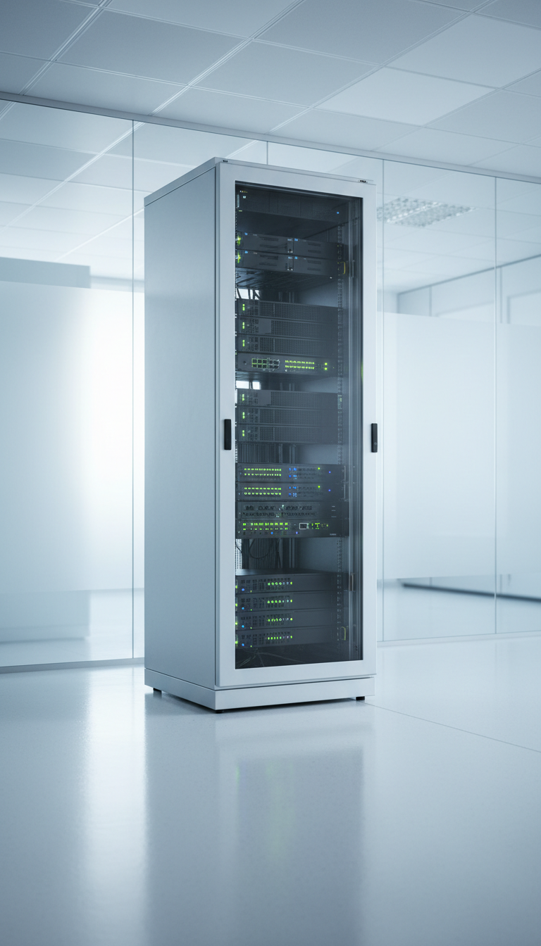 A sleek glass and brushed metal server rack filled with illuminated networking equipment, indicator lights softly glowing green and blue against matte black hardware. The rack stands in a spotless, modern corporate IT environment, with clean white floors, frosted glass walls, and subtle reflections along the surfaces. Cool, diffused overcast lighting fills the scene, highlighting the precision of the equipment and casting gentle, elongated shadows. The mood is calm, orderly, and highly professional, with a focus on technological sophistication. Photographed from an eye-level, slightly off-center composition, the structured layout and balanced negative space reinforce a clean, modern photographic realism fitting a technology advisory site.